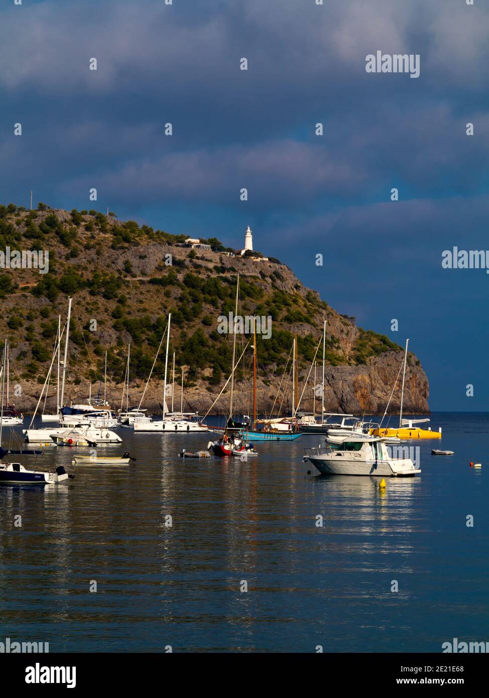 Boats in the harbour at Port de Soller on the northern coast of Mallorca in the Balearic Islands of Spain. Stock Photo