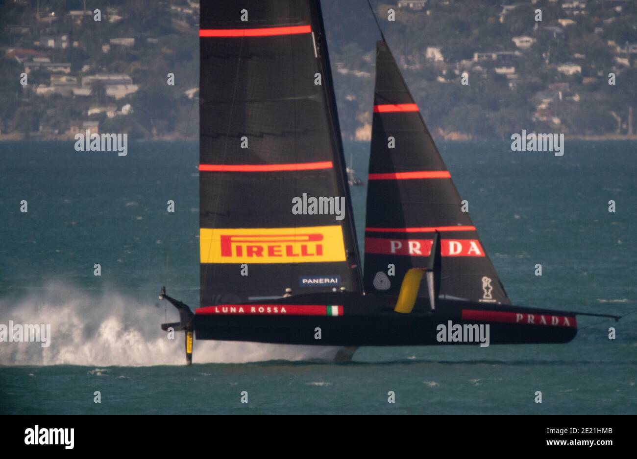Auckland, New Zealand, 11 January, 2021 -  Italian team Luna Rossa  Prada Pirelli, skippered by Max Sirena, in action as they compete in a practice race on the Waitemata Harbour ahead of the The Prada Cup competition starting on January 5, 2021 Credit: Rob Taggart/Alamy Live News Stock Photo
