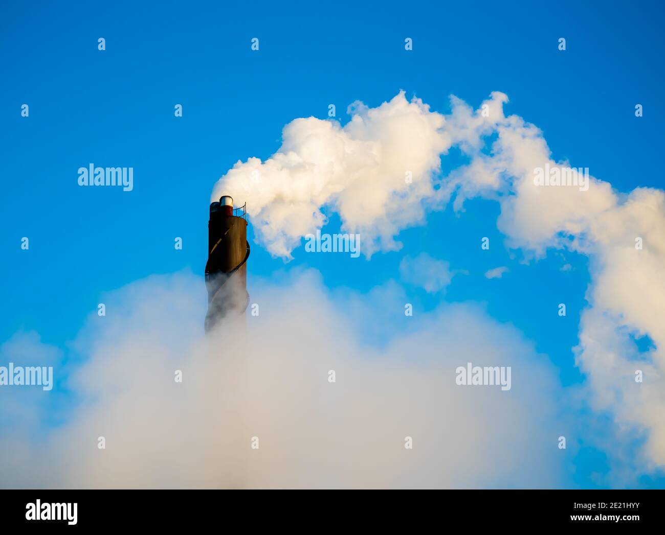 Industrial smoke stack putting out steam and smoke on a clear blue sky. Stock Photo