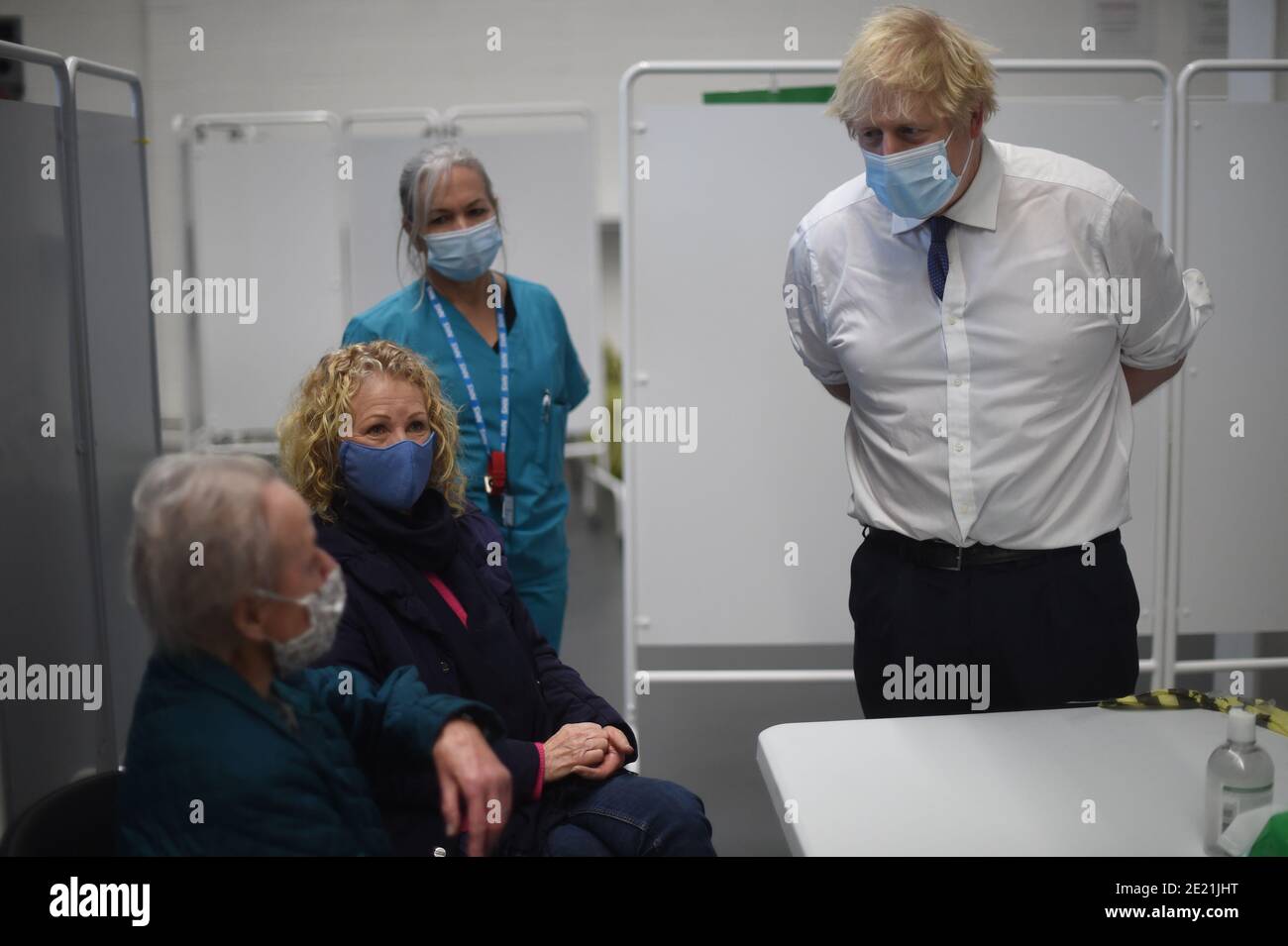 Prime Minister Boris Johnson at Ashton Gate Stadium in Bristol, during a visit to one of the seven mass vaccination centres now opened to the general public as the government continues to ramp up the vaccination programme against Covid-19. Stock Photo