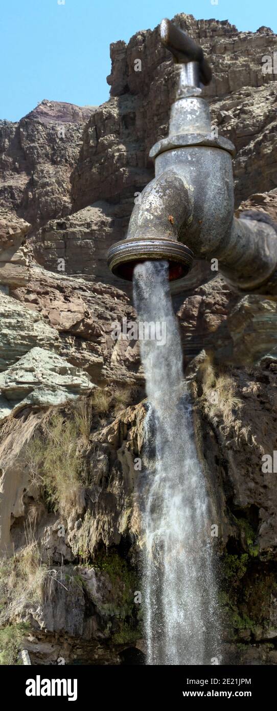 composit of great waterfall in the mountains of jordan with a faucet Stock Photo