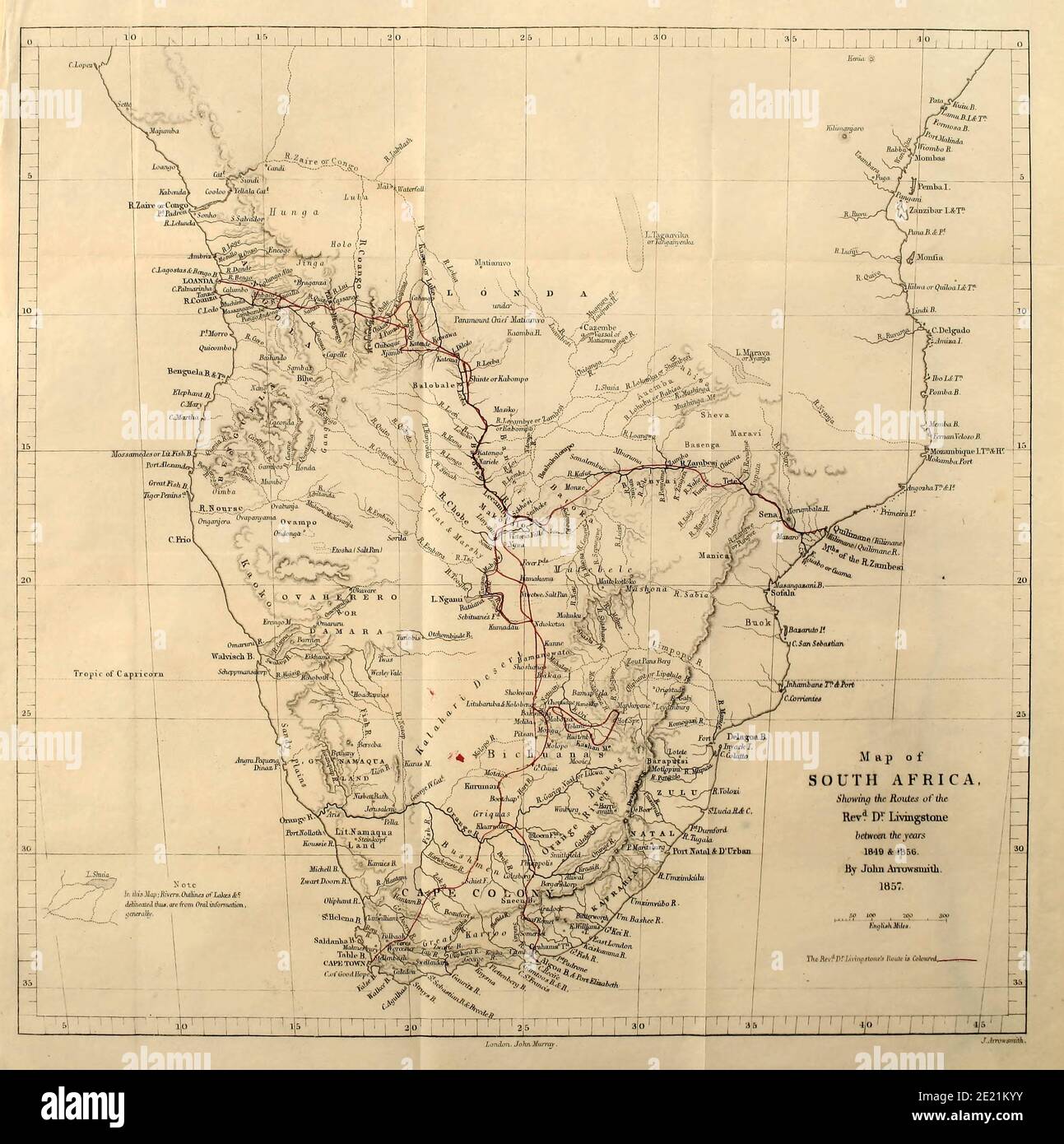 Map of South Africa showing Dr. Livingstone's Route From book ' Missionary travels and researches in South Africa : including a sketch of sixteen years' residence in the interior of Africa, and a journey from the Cape of Good Hope to Loanda, on the west coast, thence across the continent, down the river Zambesi, to the eastern ocean ' by David Livingstone Published in London in 1857 Stock Photo