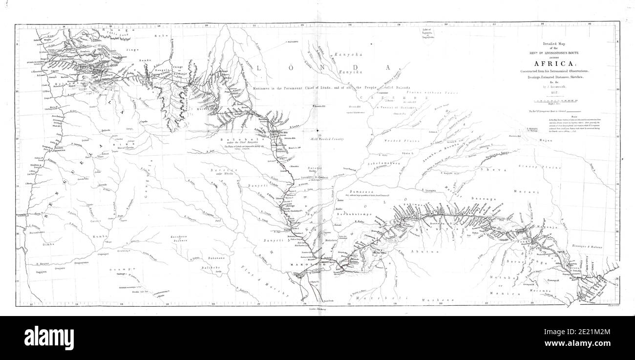 Map of South Africa showing Dr. Livingstone's Route From book ' Missionary travels and researches in South Africa : including a sketch of sixteen years' residence in the interior of Africa, and a journey from the Cape of Good Hope to Loanda, on the west coast, thence across the continent, down the river Zambesi, to the eastern ocean ' by David Livingstone Published in London in 1857 Stock Photo