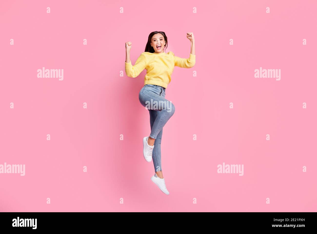 Full size photo of young beautiful excited smiling happy girl jump in ...