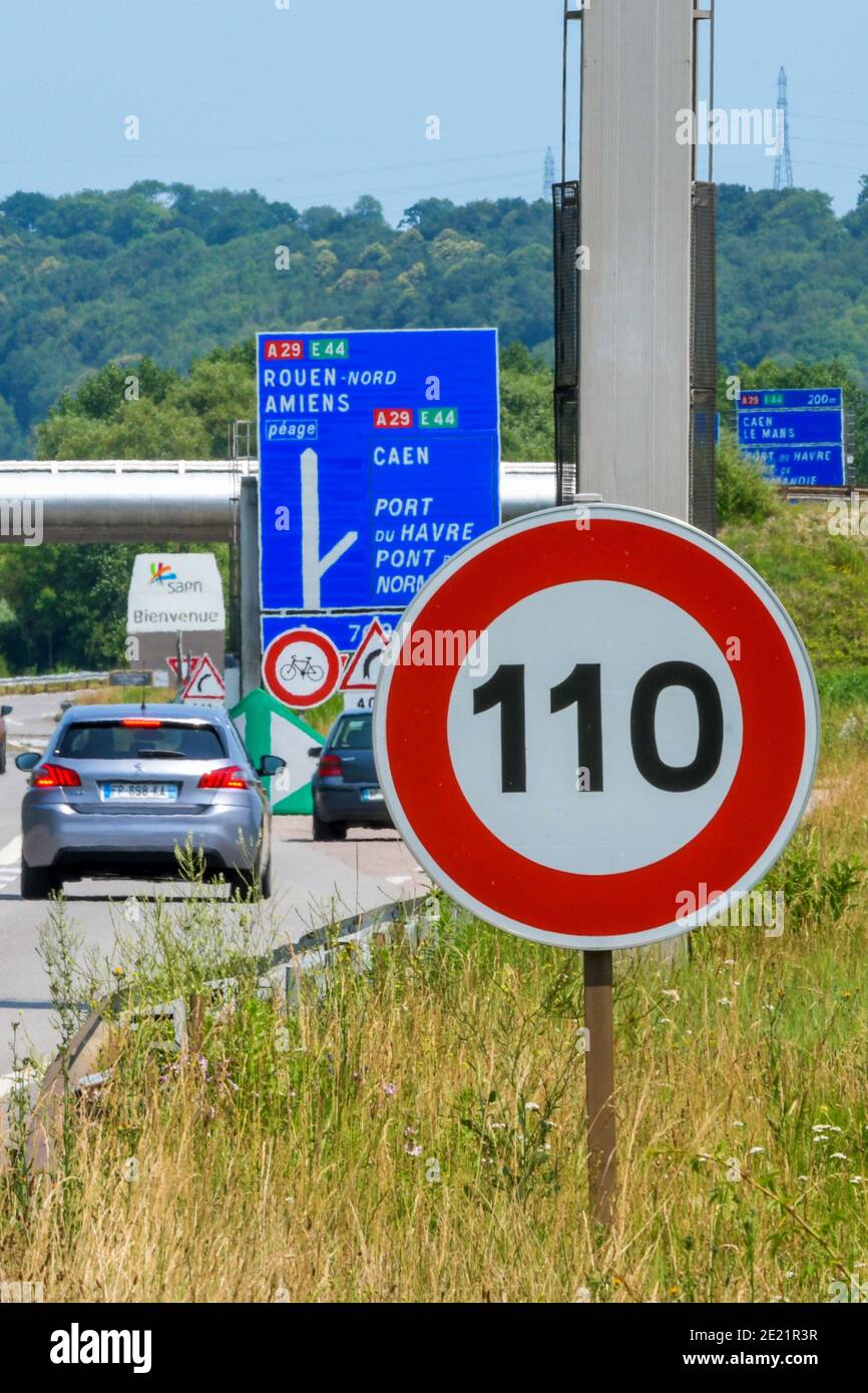 110km/h speed limit sign along the highway Stock Photo - Alamy