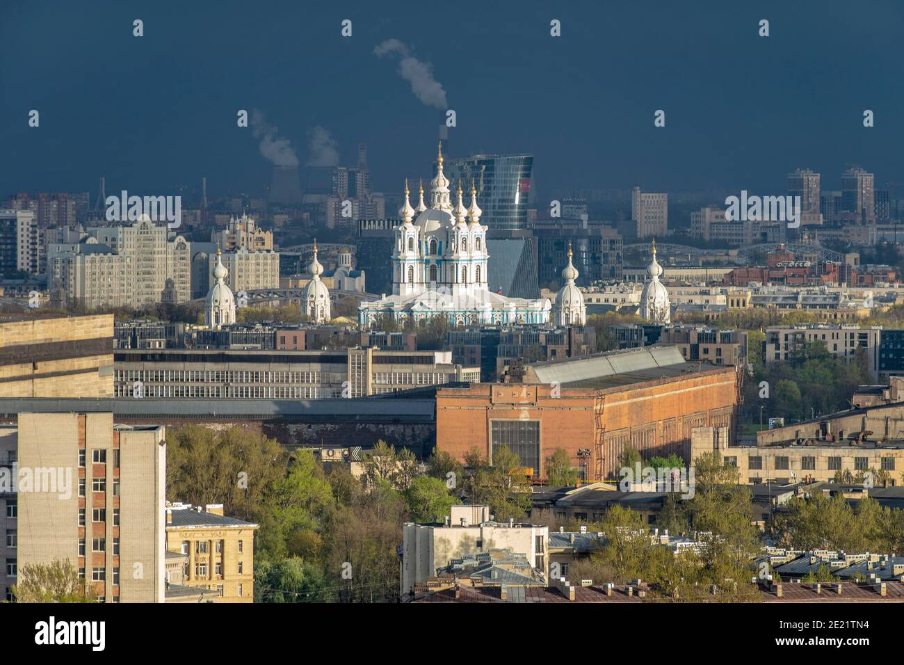 St. Petersburg from bird's-eye view Smolny convent, temples, factories, buildings Stock Photo