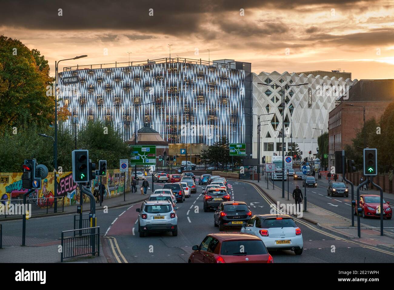 Victoria Gate Shopping Centre and traffic on Regent Street in Leeds