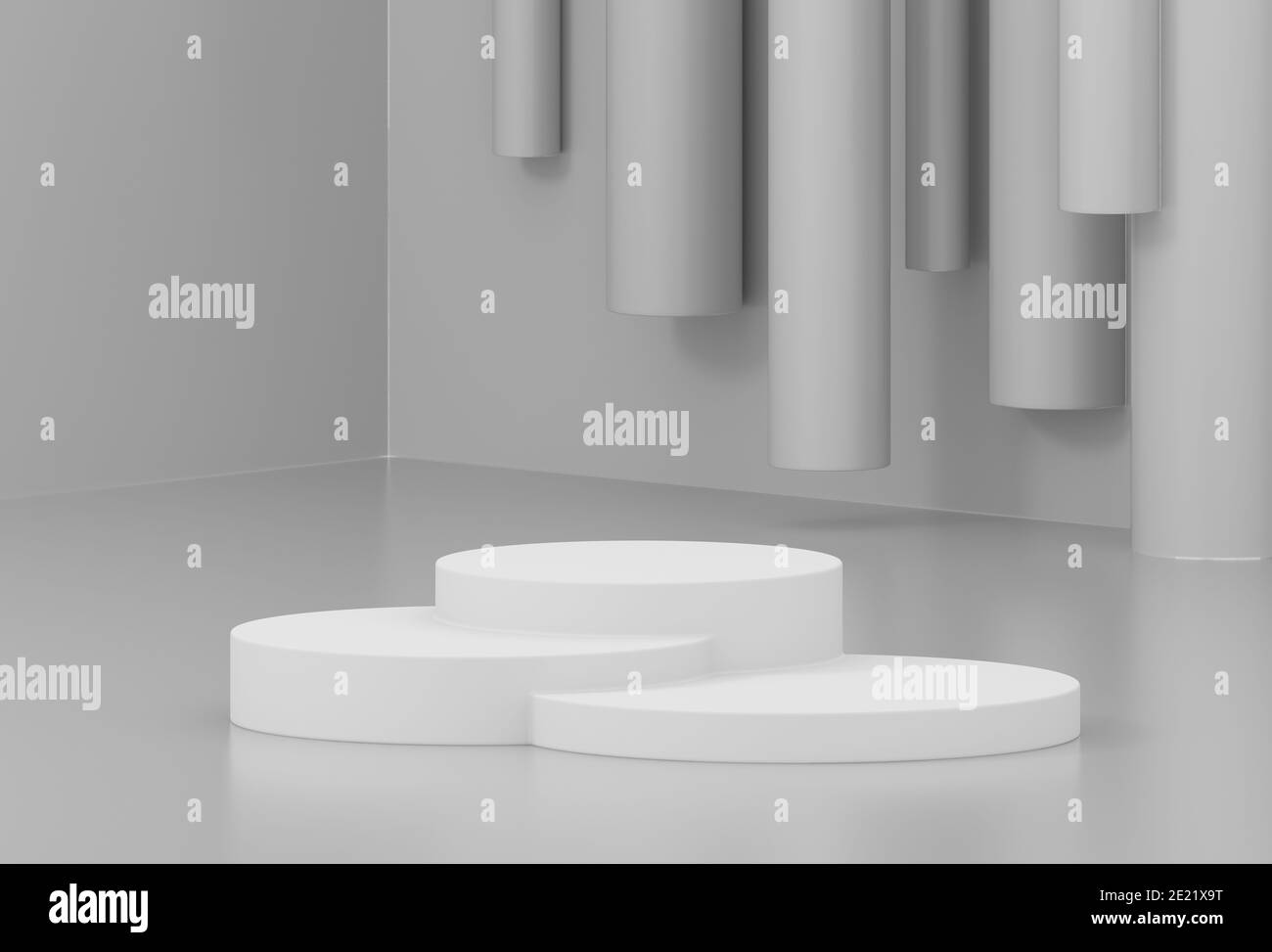 Minimal product showcase scene with podium on abstract background. Concrete wall background with white stage scene for perfume product show. Cosmetic presentation on podium or platform. 3D rendering. Stock Photo