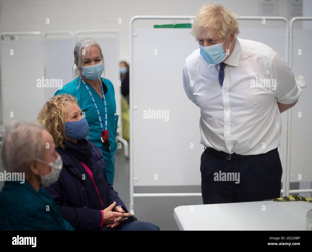 Prime Minister Boris Johnson, with Head Nurse Anne Morris, at Ashton Gate Stadium in Bristol, during a visit to one of the seven mass vaccination centres now opened to the general public as the government continues to ramp up the vaccination programme against Covid-19. Stock Photo
