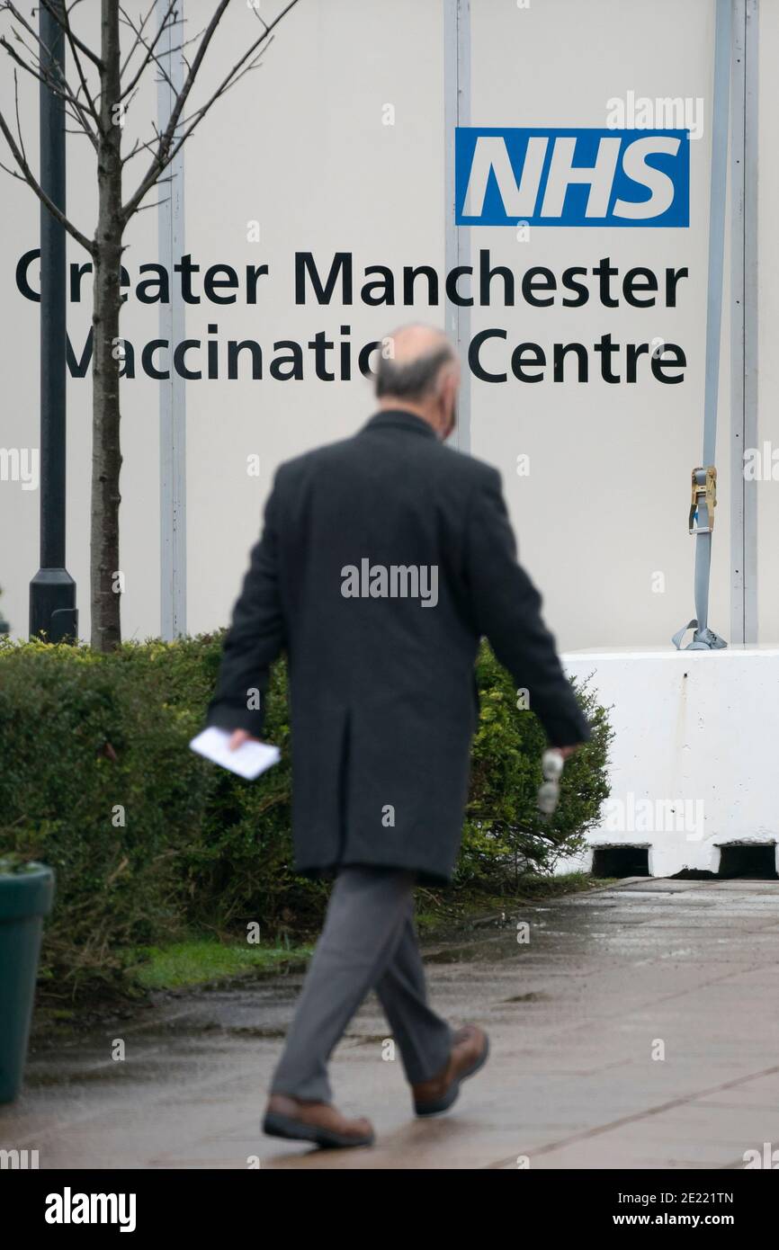Manchester, UK, 11th Jan 2021. Members of the public arrive at a vaccination centre in Manchester as nationwide mass testing begins at 5 centres throughout the country in the face of the Coronavirus, Manchester, UK. Stock Photo