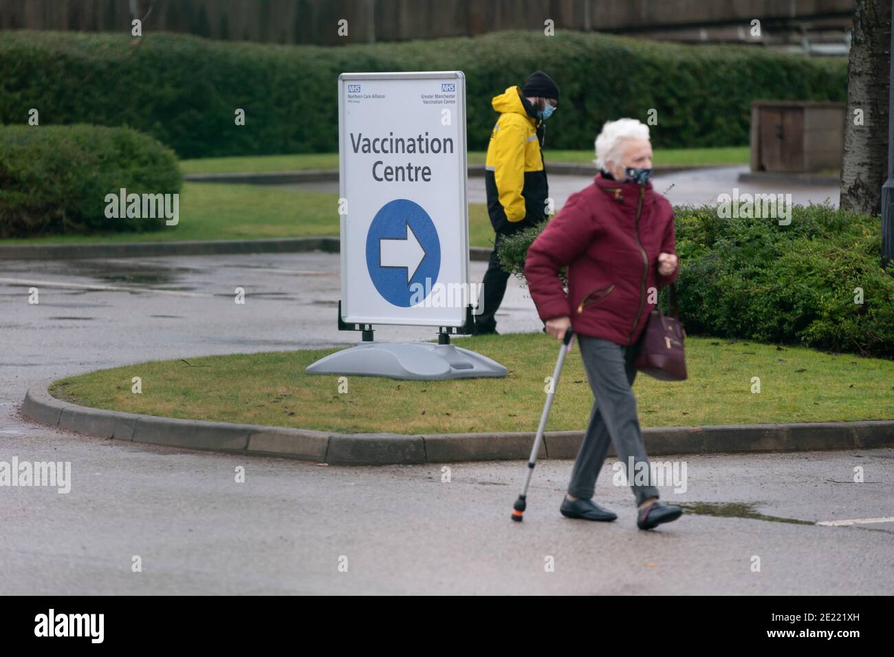 Manchester, UK, 11th Jan 2021. Members of the public arrive at a vaccination centre in Manchester as nationwide mass testing begins at 5 centres throughout the country in the face of the Coronavirus, Manchester, UK. Stock Photo