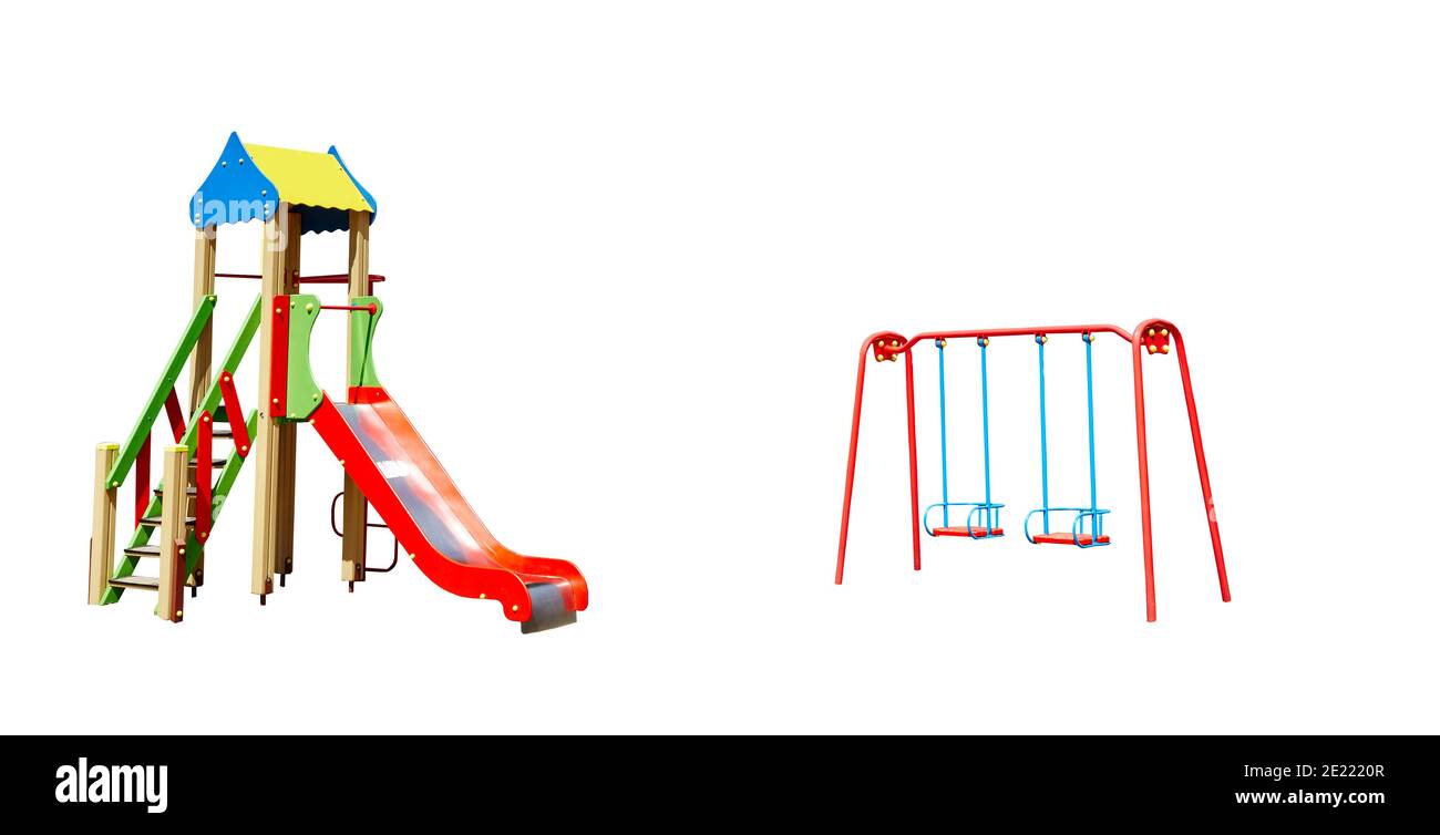 Children's slide and swing isolated on white background with clipping path. For design, no shadows Stock Photo