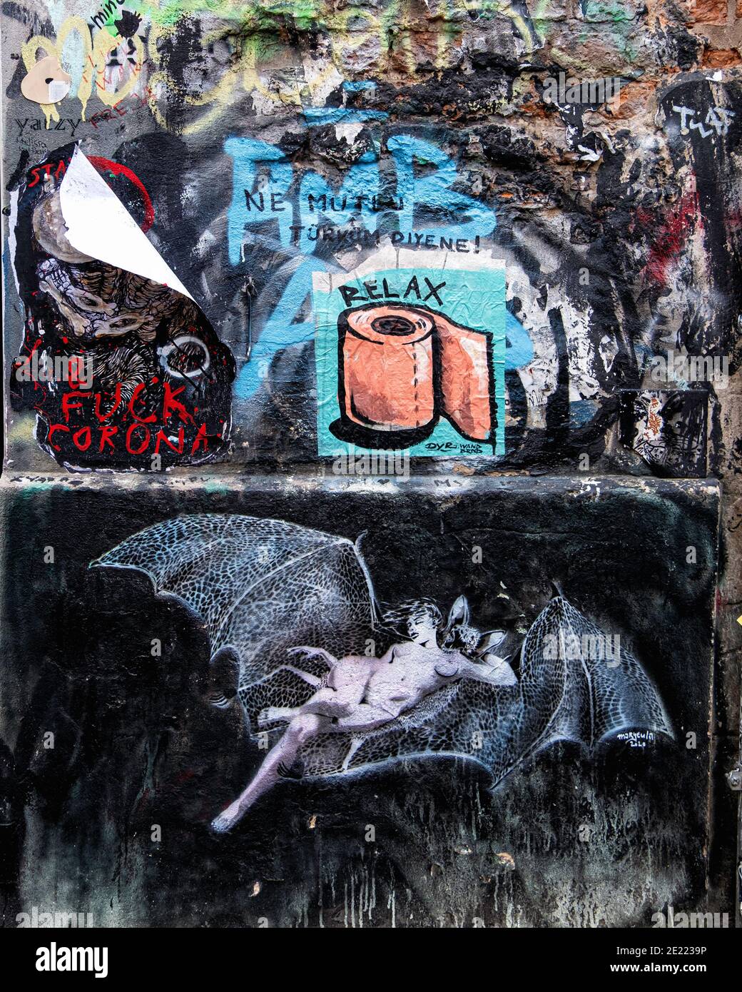 Haus Schwarzenburg, Mitte, Berlin, 10 January 2021. Dilapidated wall & pink toilet roll paste-up by DYR during corona pandemic in tinner courtyard Stock Photo