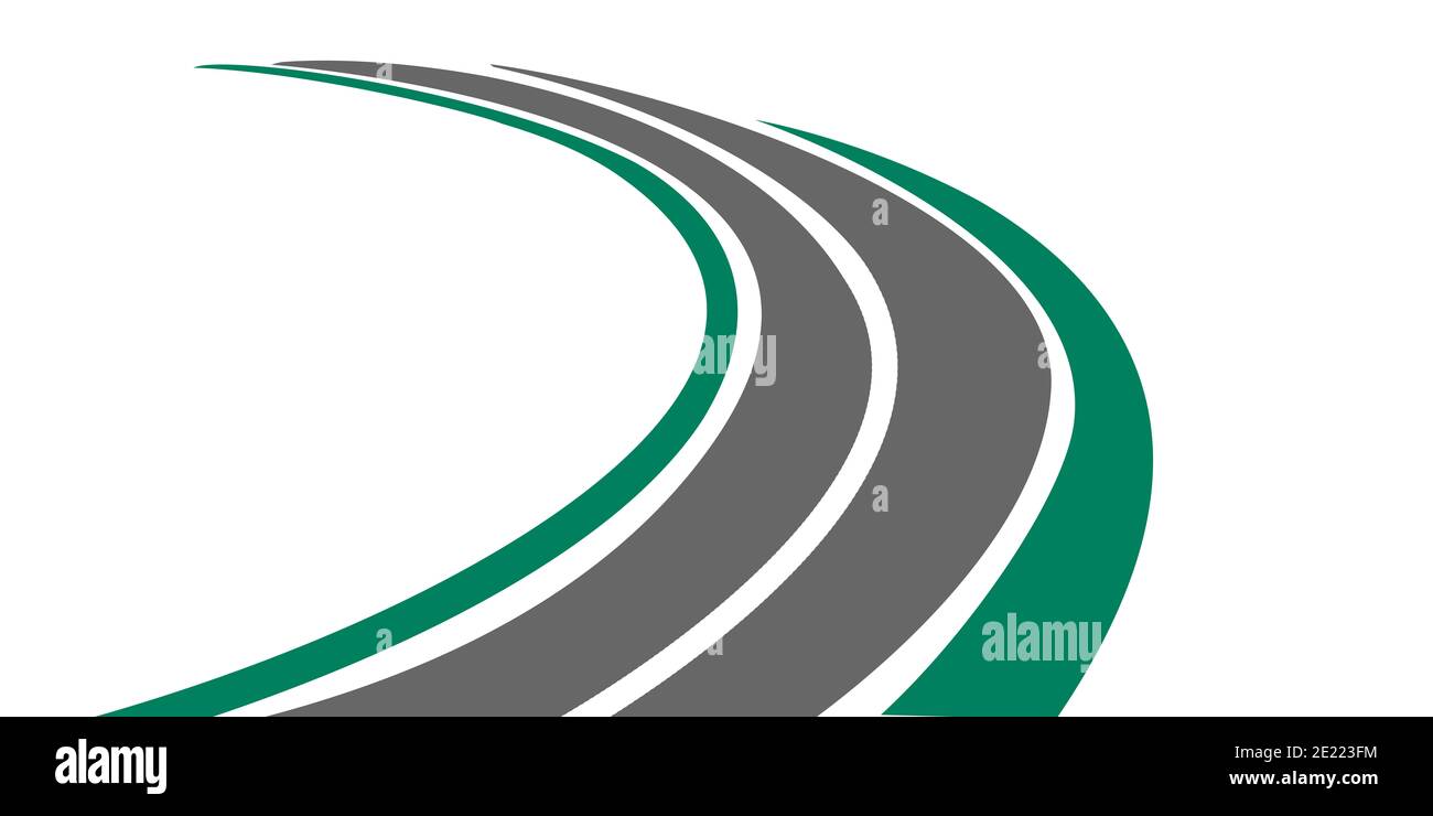 3D rendering of a winding paved road icon with green grassy roadside ...