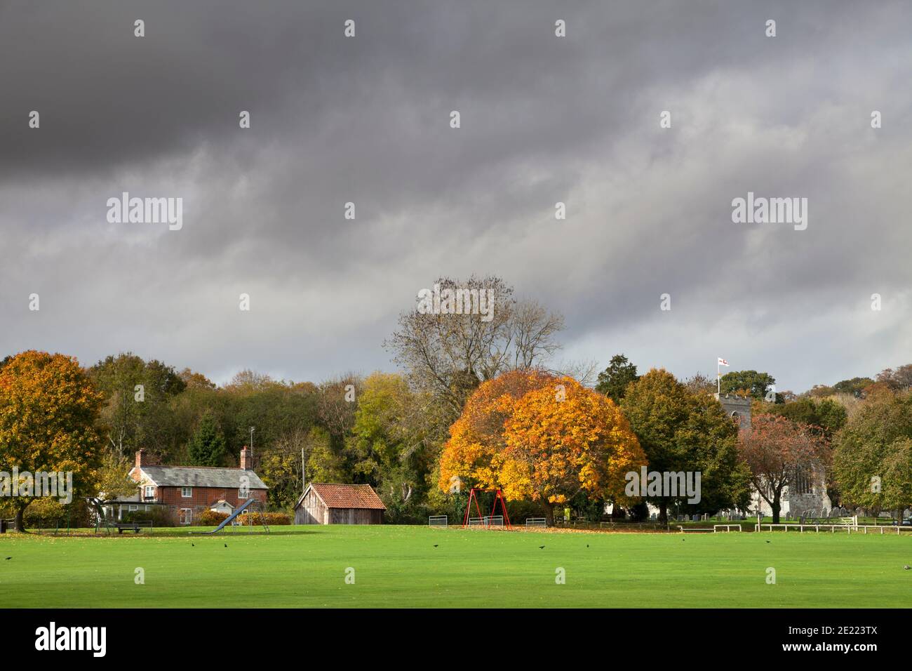 The village green and recreation ground in the village of Dinton, Wiltshire. Stock Photo