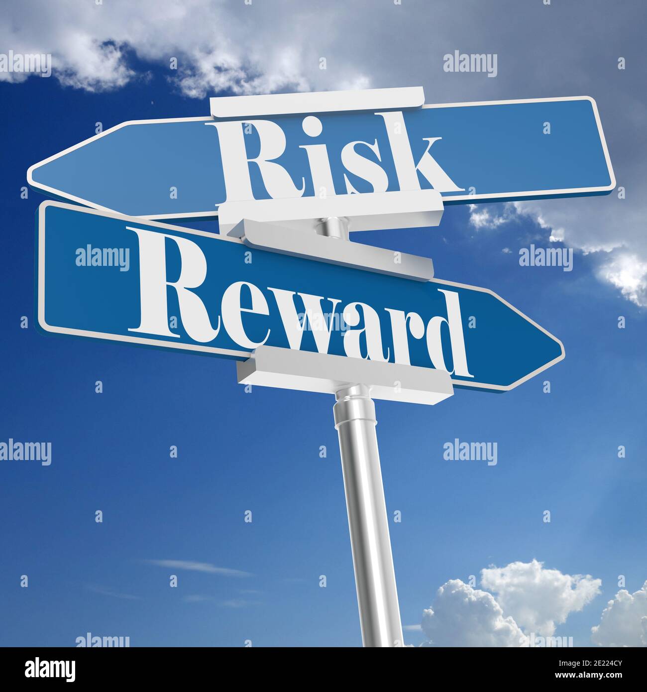 3D rendering of two risk and reward signs with blue sky in the ...