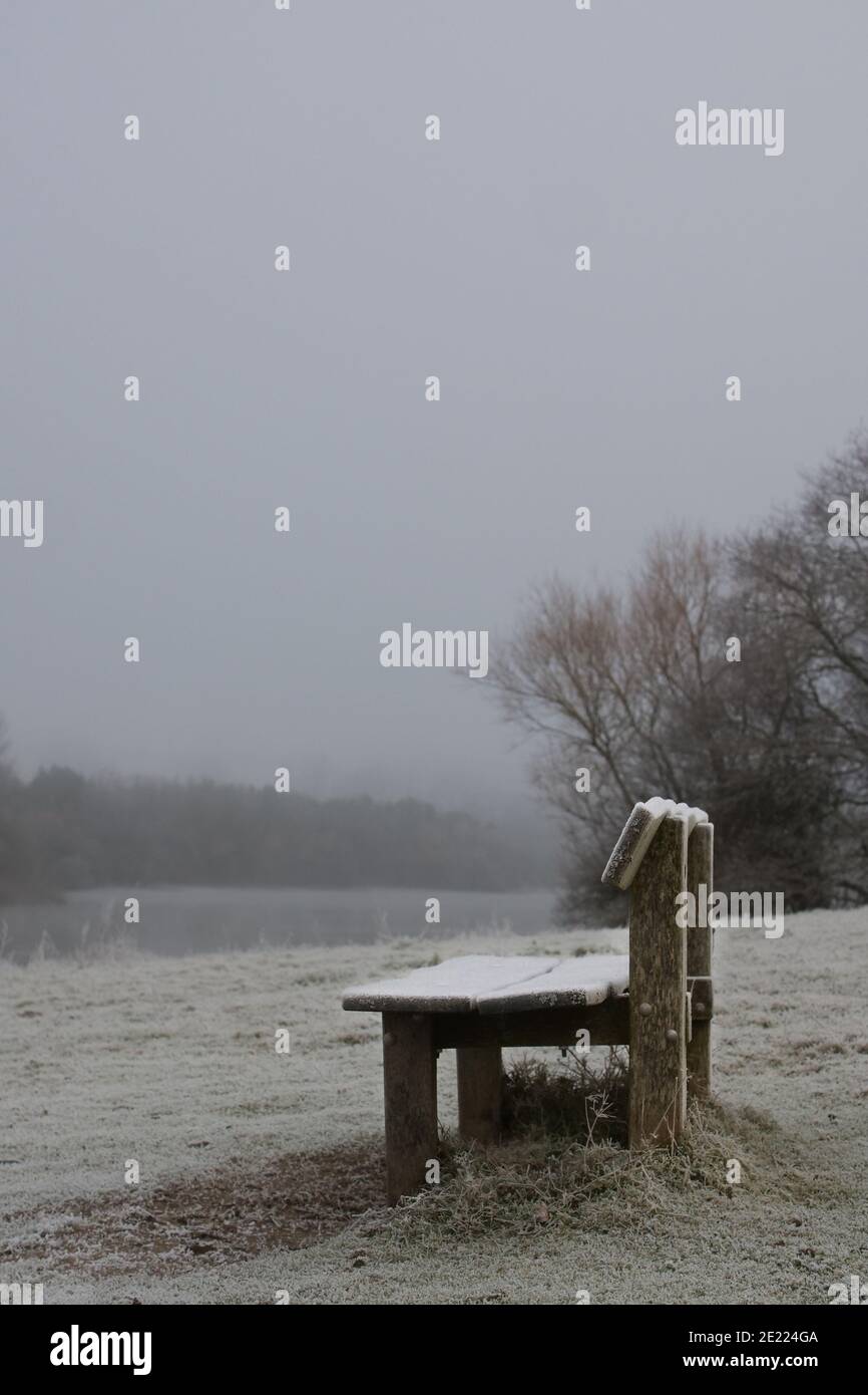 Frost covered wooden bench overlooking a lake in winter. Copy space. Stock Photo