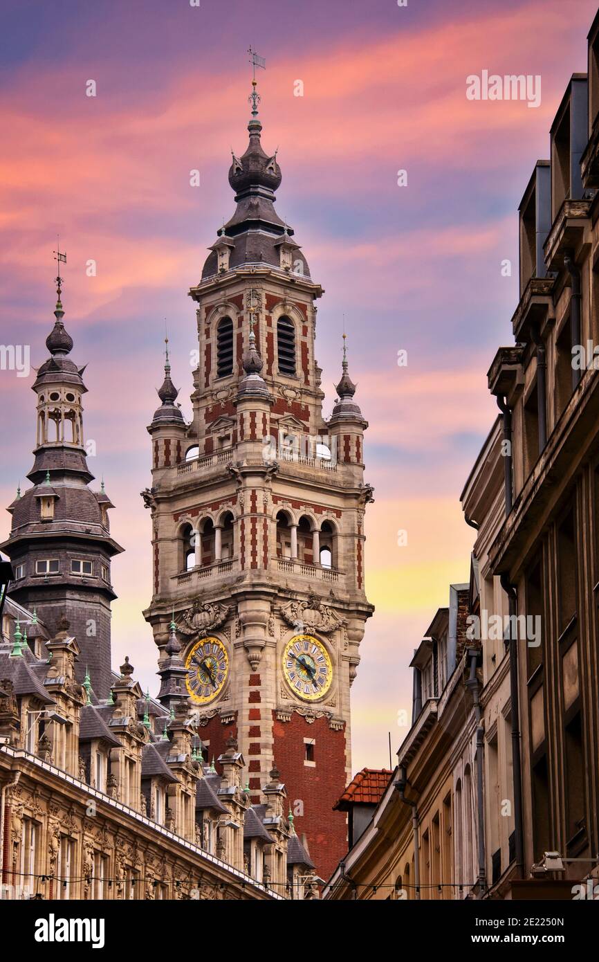 The belfry of the Chamber of Commerce in Lille, France Stock Photo