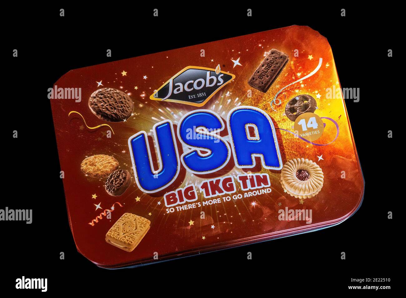 A tin of Jacobs USA Assorted biscuits a staple in Irish homes at Christmas time. Jacobs the company is now part of Valeo Foods. Stock Photo