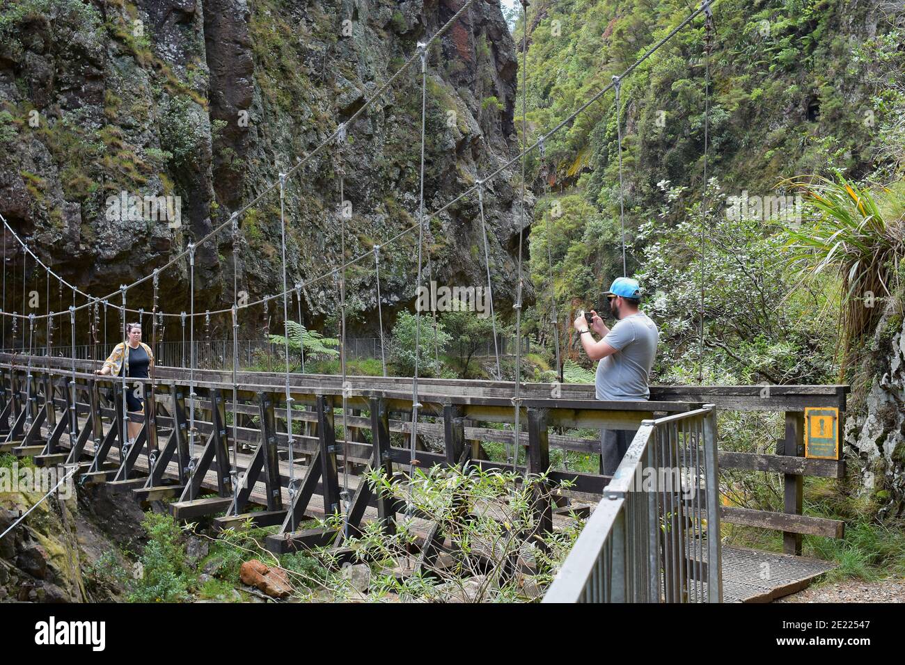 AUCKLAND, NEW ZEALAND - Dec 24, 2020: View of Waitawheta River suspension bridge from Windows Walk at Karangahake Gorge Stock Photo