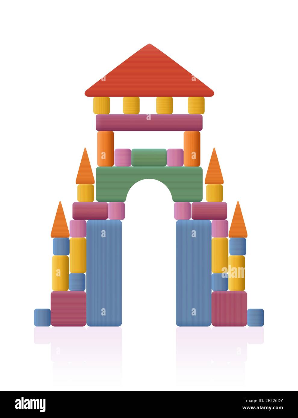 Portal, gate, thoroughfare built of wooden toy blocks. Many different natural wood elements - a typical childhood concentration game. Stock Photo