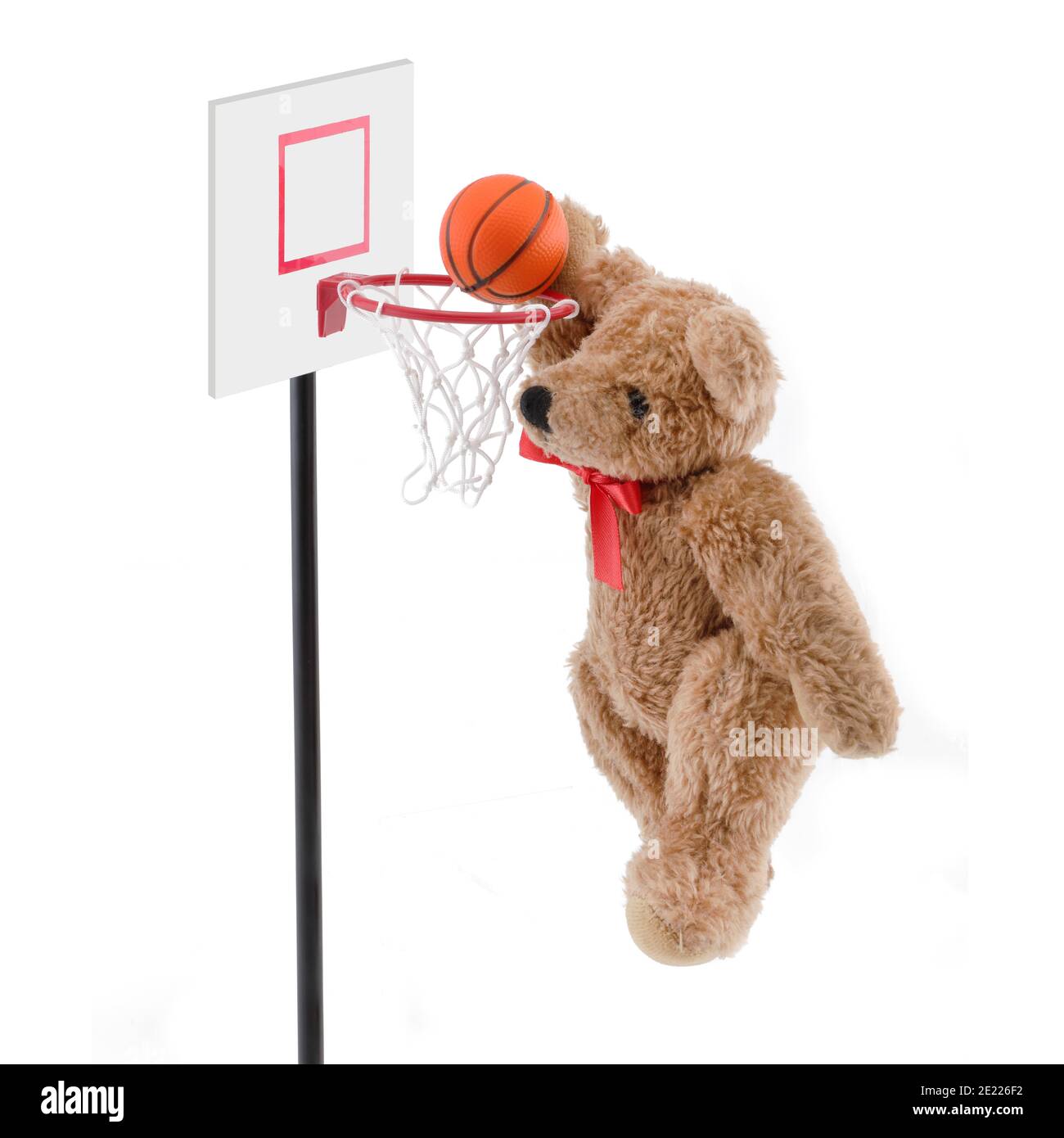 Teddy bear playing basketball dunking the ball Stock Photo