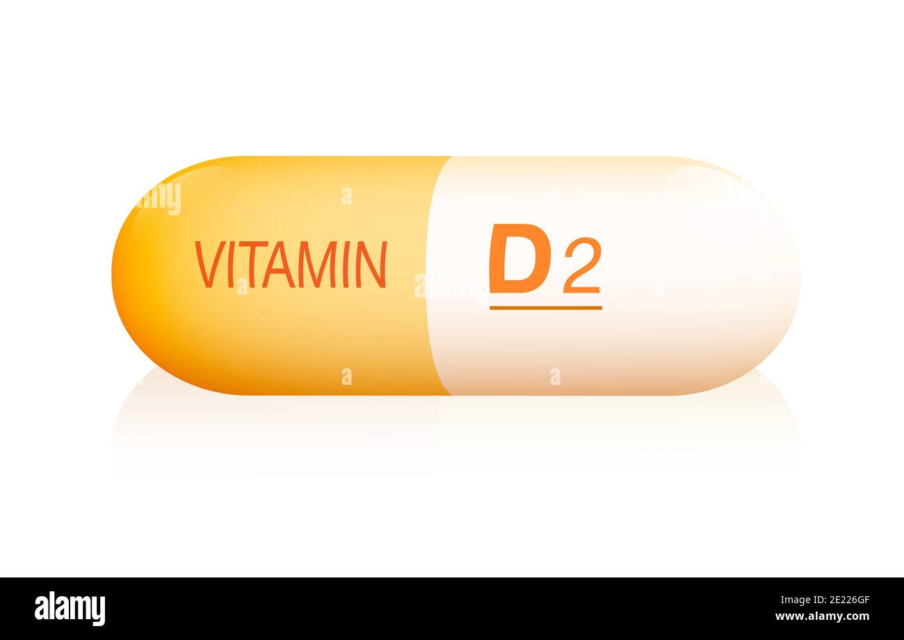 D2 capsule, symbolic for artificial, synthetic or natural supplement for vegetarians and vegans to prevent lack of vitamins. Stock Photo