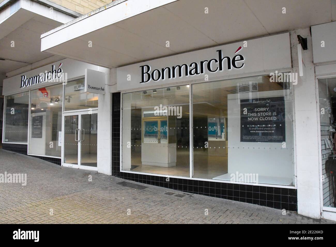 Yeovil, Somerset, UK.  11th January 2020.  A closed and empty Bonmarche shop in the town centre at Yeovil in Somerset during the Covid-19 lockdown. Picture Credit: Graham Hunt/Alamy Live News Stock Photo