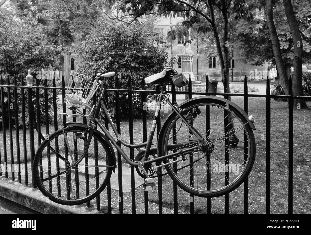 Locked bicycle on railings, Cambridge, Cambridgeshire, England, UK Stock Photo