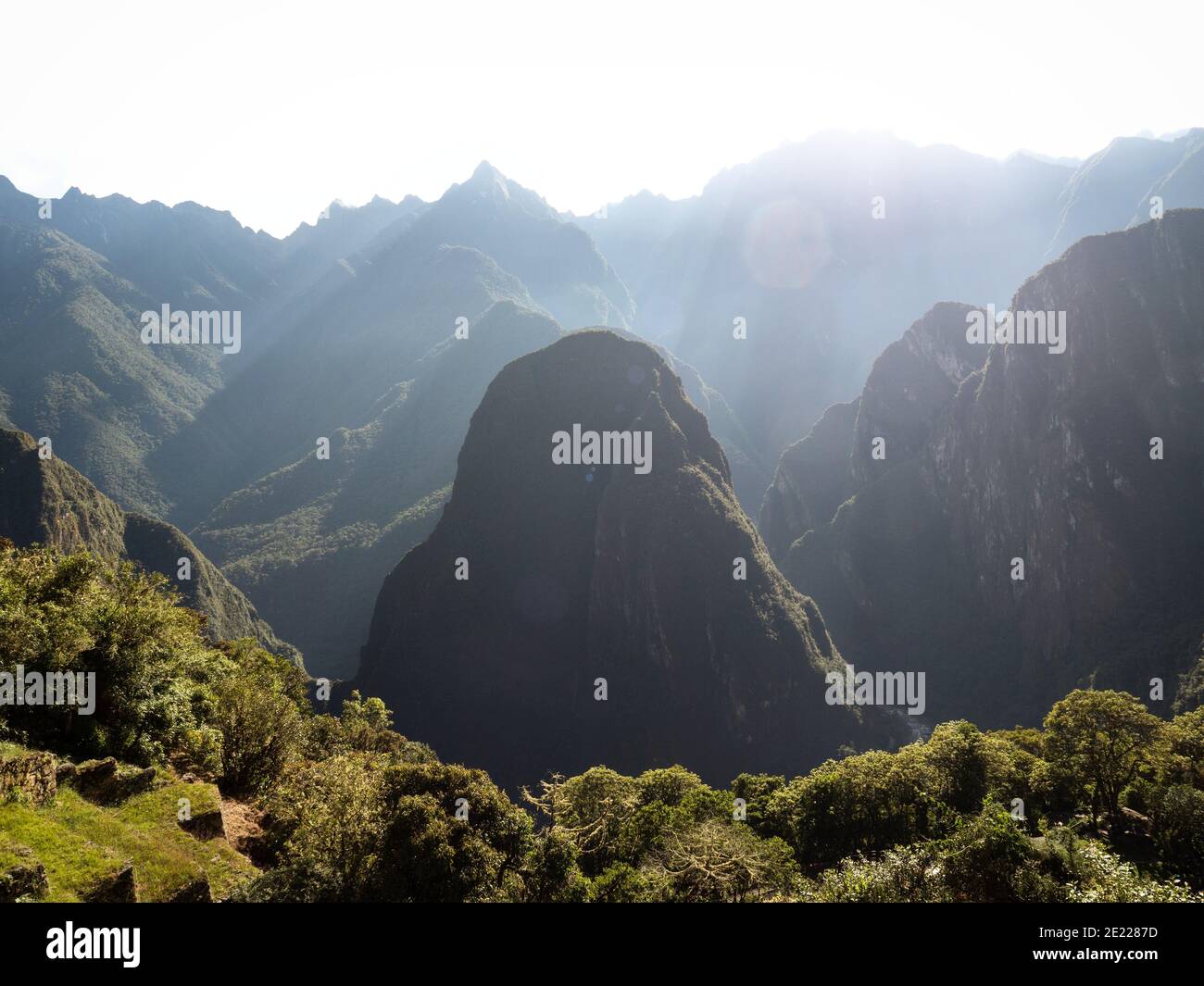 Panorama landscape of Putucusi Phutuq Kusi mountain at Machu Picchu Aguas Calientes Urubamba river Sacred Valley Cuzco Cusco Peru South America Stock Photo