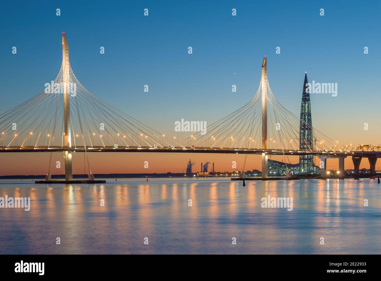 SAINT PETERSBURG, RUSSIA - MAY 29, 2018: Cable-stayed bridge over the Petrovsky fairway and the high-rise building 'Lakhta Center' in the May twilight Stock Photo