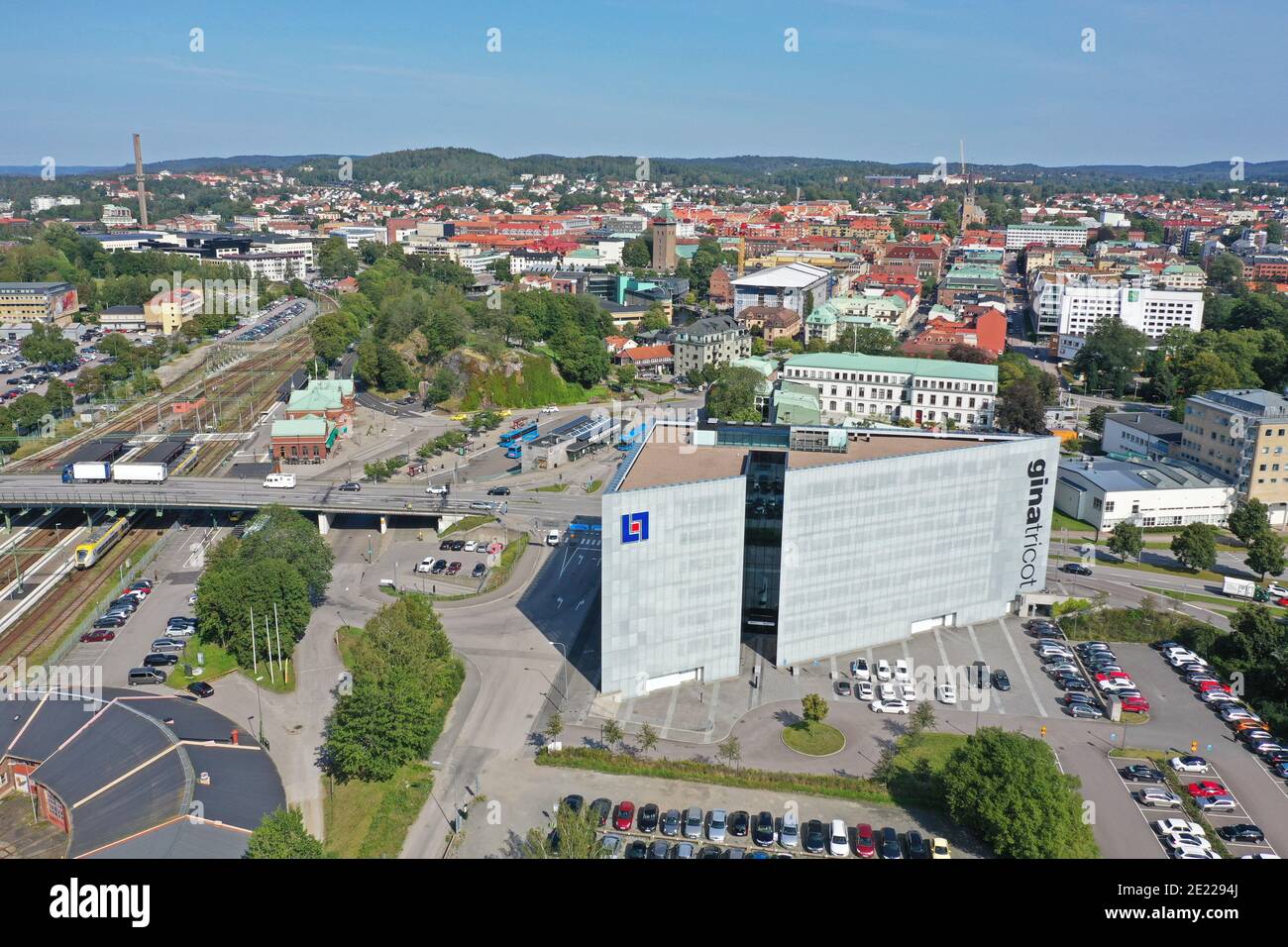 BORÅS, SWEDEN- 26 AUGUST 2019:Aerial view of Borås and the Gina Tricot  house purchased by Länsförsäkringar Stock Photo - Alamy