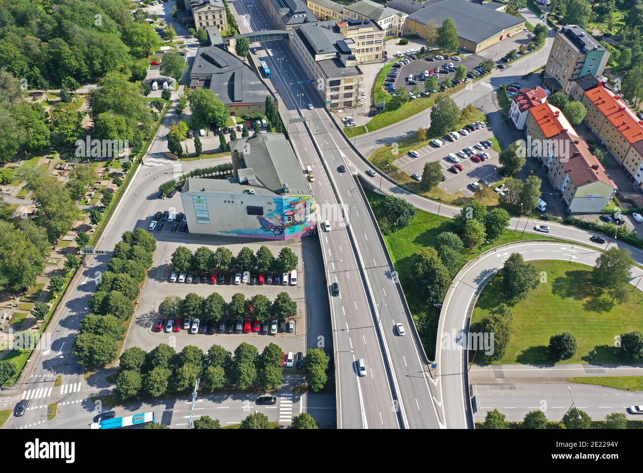 BORÅS, SWEDEN 26 AUGUST 2019Aerial view of Borås and facade painting