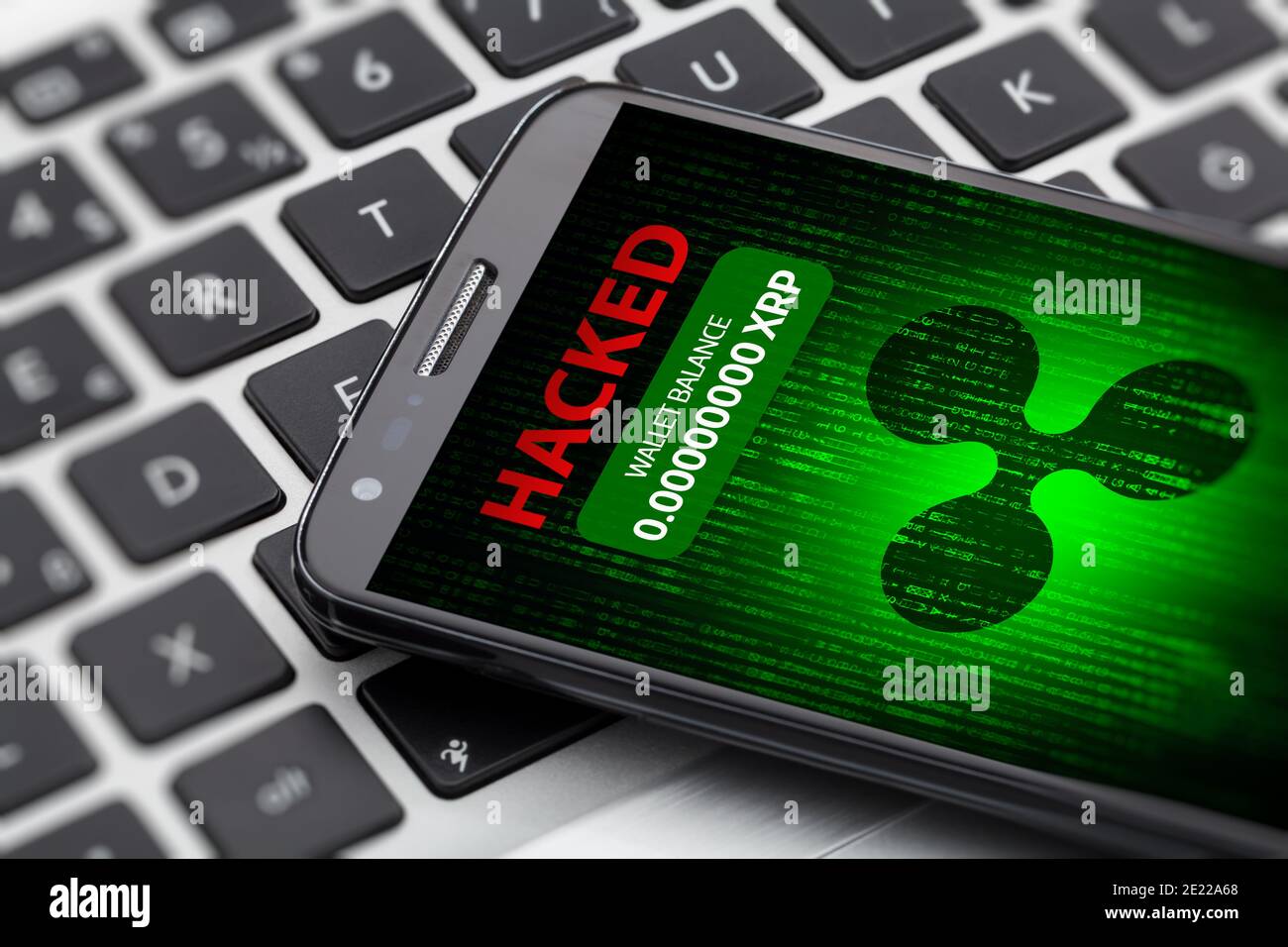 ripple wallet hacked message on smart phone screen. Cryptocurrency theft concept. Stock Photo
