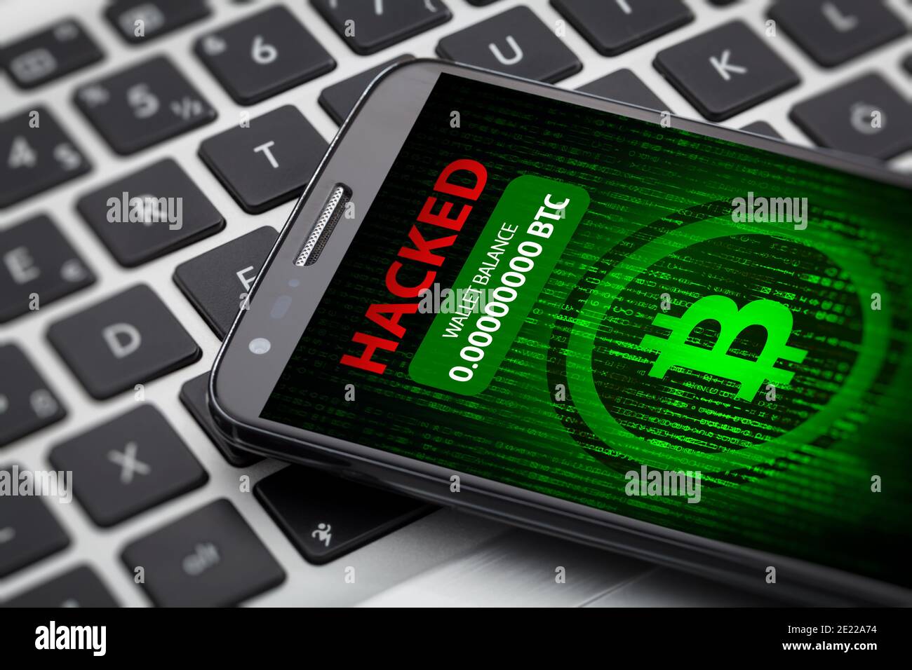 bitcoin wallet hacked message on smart phone screen. cryptocurrency theft concept Stock Photo