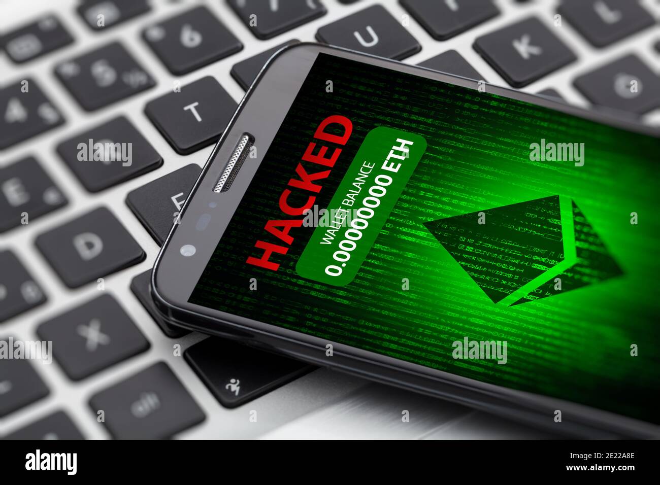 ethereum wallet hacked message on smart phone screen. cryptocurrency theft concept Stock Photo