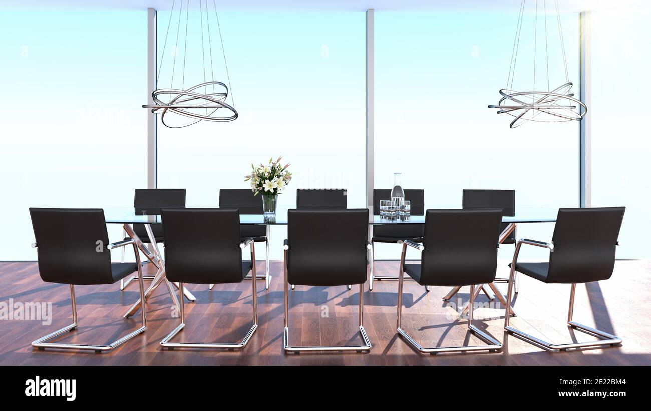 Brightly lit modern conference room with a large glass table and ten office chairs, room-high windows, two modern ceiling lamps. Lily flowers in a vas Stock Photo