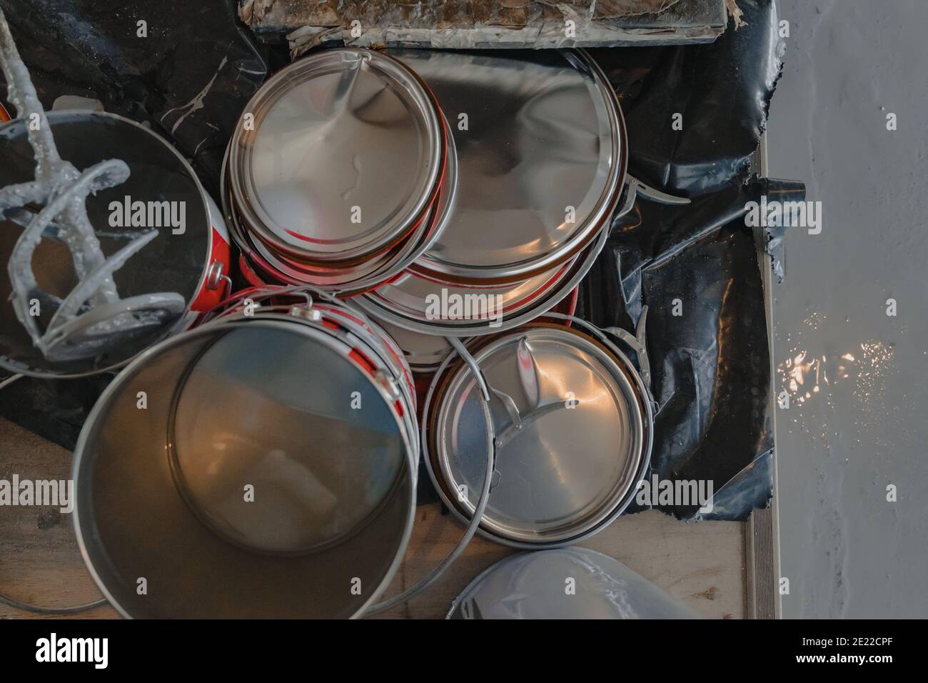Tin bucket with toxic composition and epoxy resin inside Stock Photo
