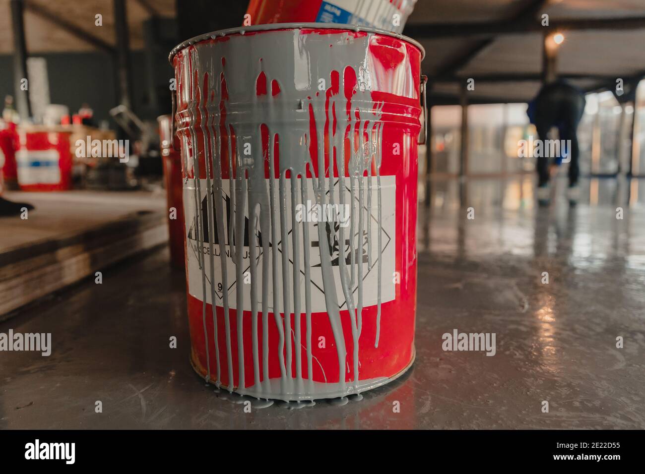 Tin bucket with toxic composition and epoxy resin inside Stock Photo