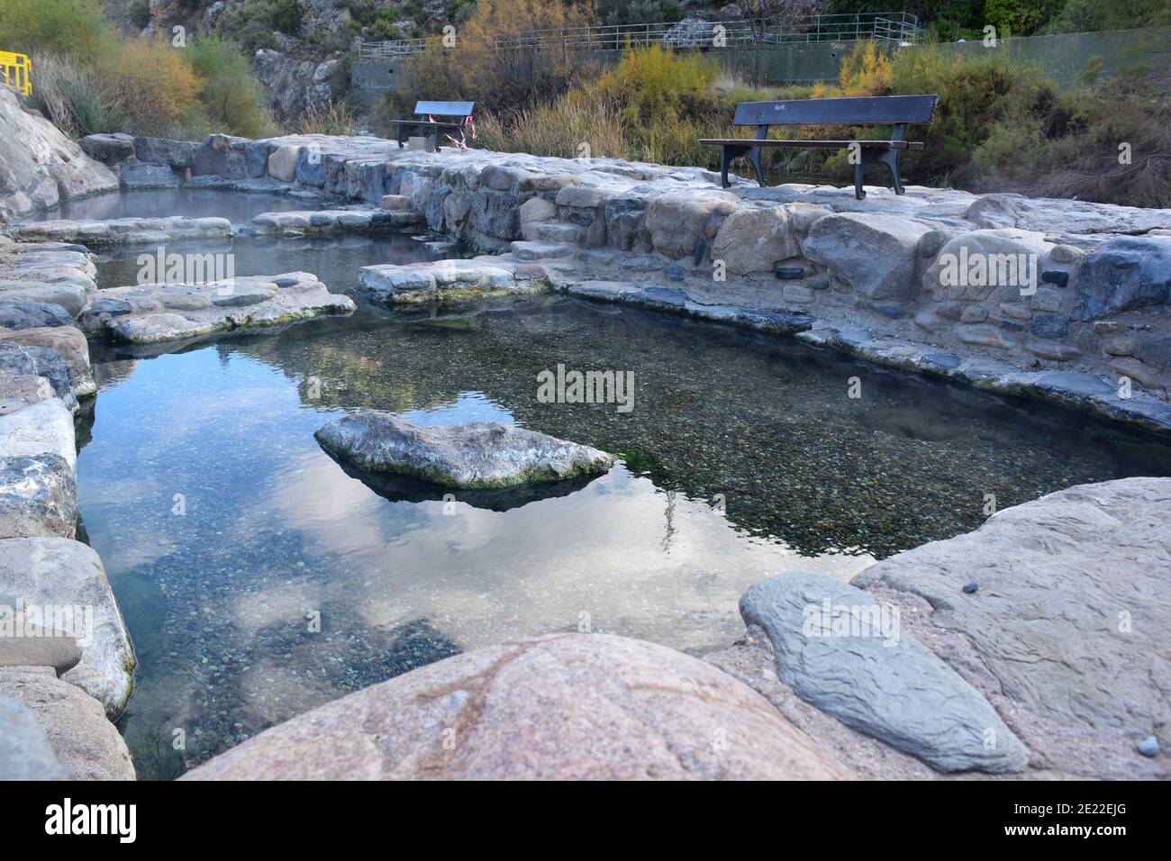 Thermal water pools in the village of Arnedillo. Thermal water pools conditioned in stone. Stock Photo