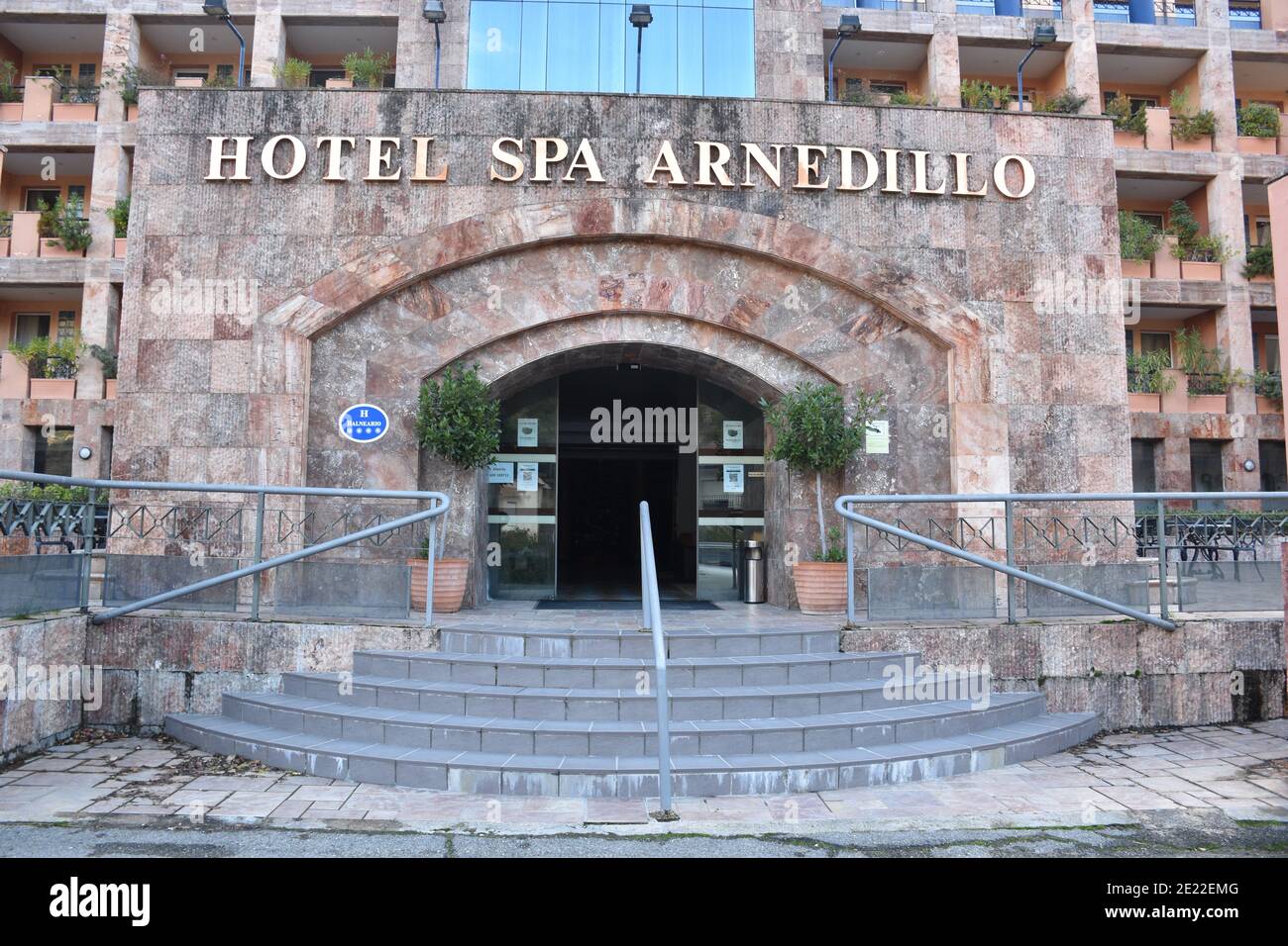 Arnedillo, Spain - December 17, 2020: Entrance of the Arnedillo spa, closed due to the coronavirus pandemic. Arnedillo Spa, known vacation spot for it Stock Photo