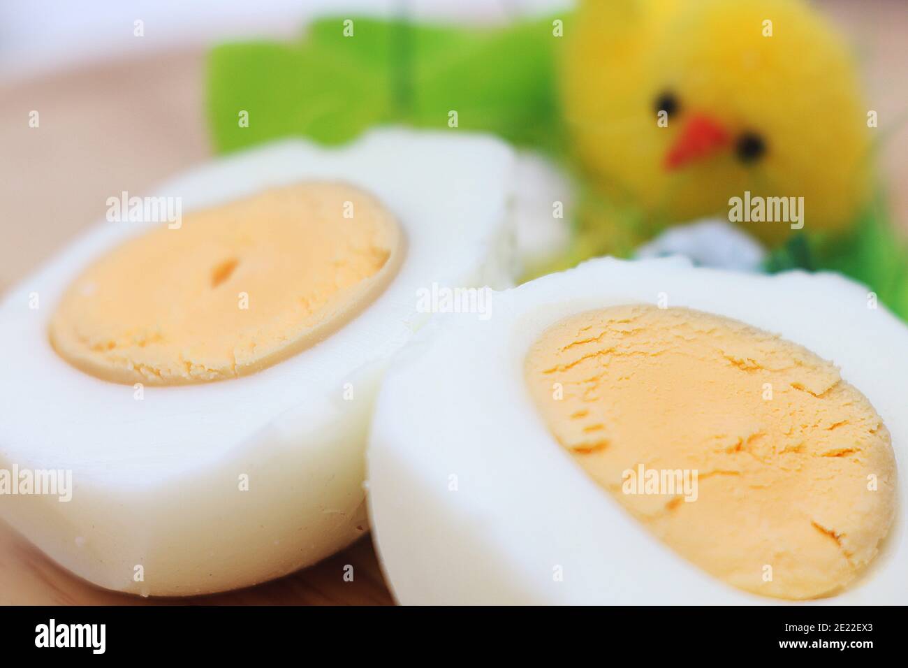 cooked boiled chicken eggs cut in half close-up Stock Photo