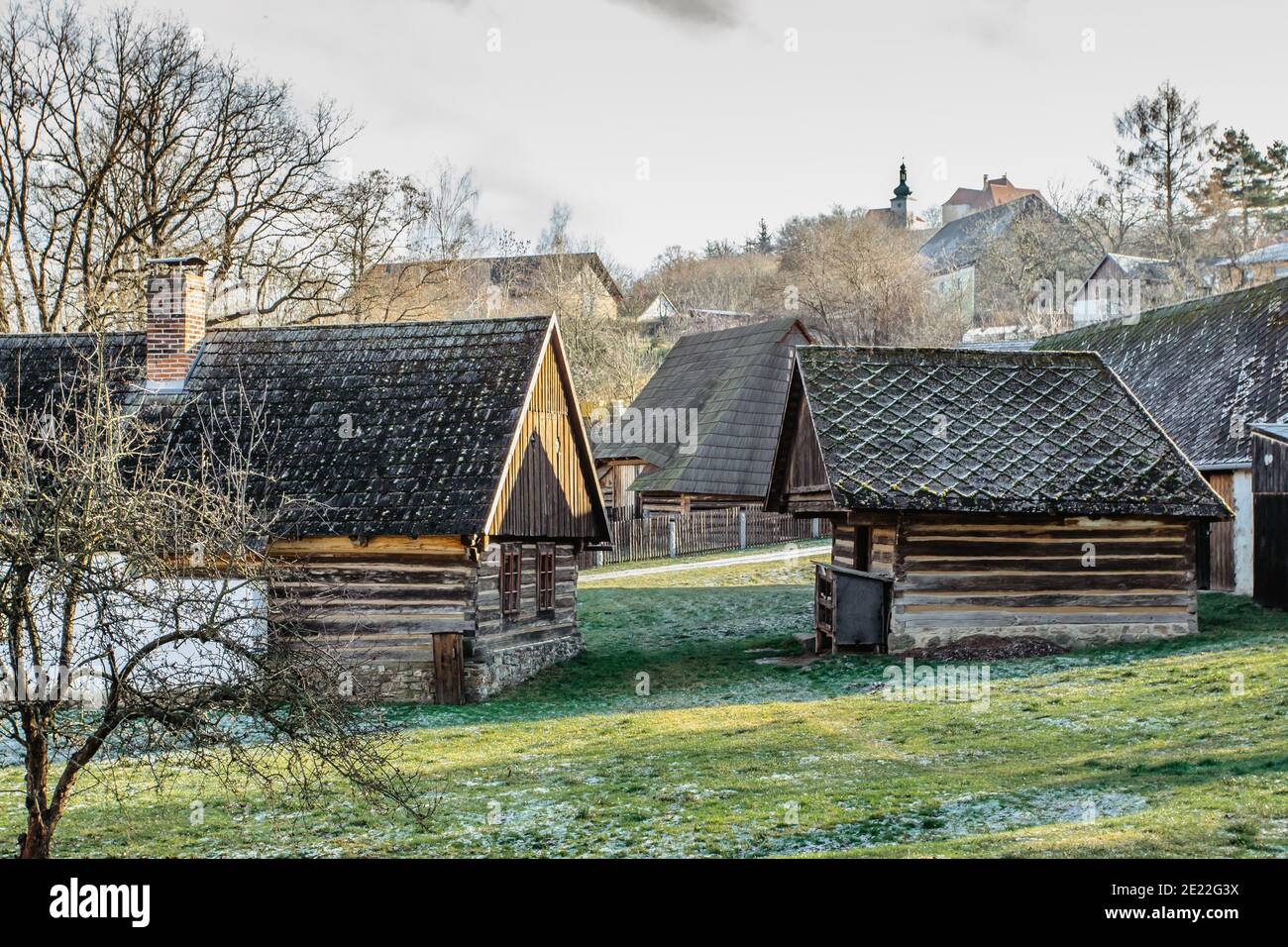 Vysoky Chlumec,Czech republic-December 30,2020.Open-air museum of rural buildings.Folk architecture in the Central Bohemian Highlands.Residential, agr Stock Photo