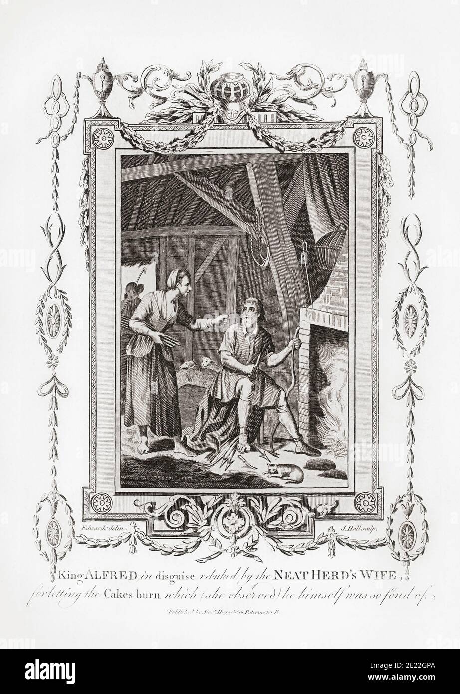 King Alfred the Great burns the cakes and is rebuked by the peasant woman who had given him shelter without knowing who he was.  Alfred the Great, 848/9 - 899, king of the Anglo-Saxons.  Engraving from The New, Impartial and Complete History of England by Edward Barnard, published in London 1783. Stock Photo