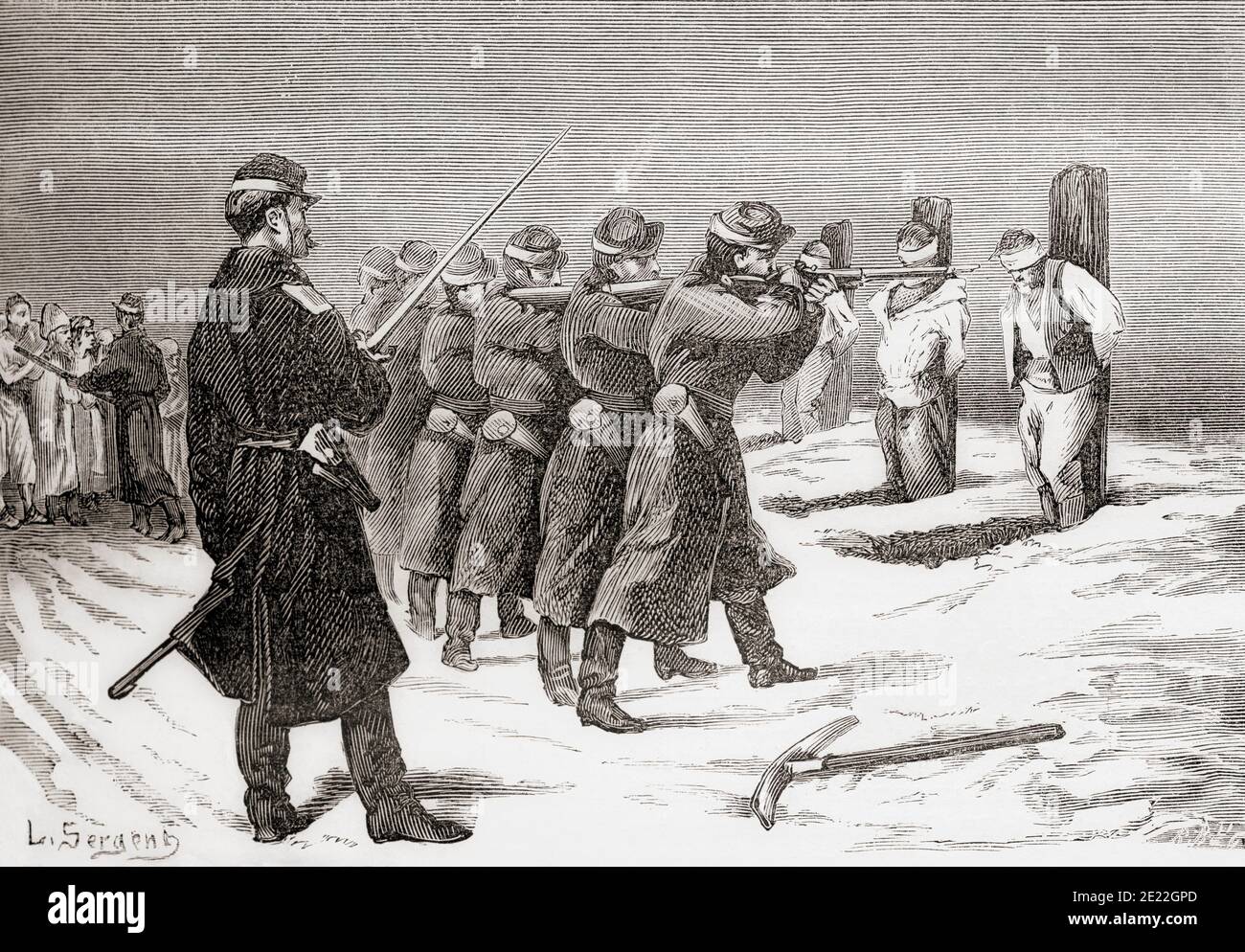 The execution of a group of Bashi-Bazouks, irregular soldiers of the Ottoman army, by Russian soldiers during the Russo-Turkish War (1877–1878).  From Russes et Turcs, La Guerre D'Orient, published 1878 Stock Photo