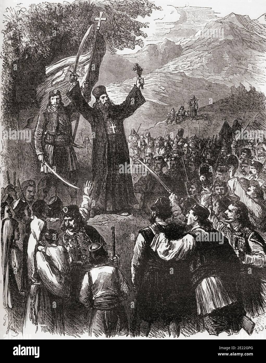 A Christian priest preaching in Montenegro urging the people to go and fight against the Turks.  From Russes et Turcs, La Guerre D'Orient, published 1878 Stock Photo