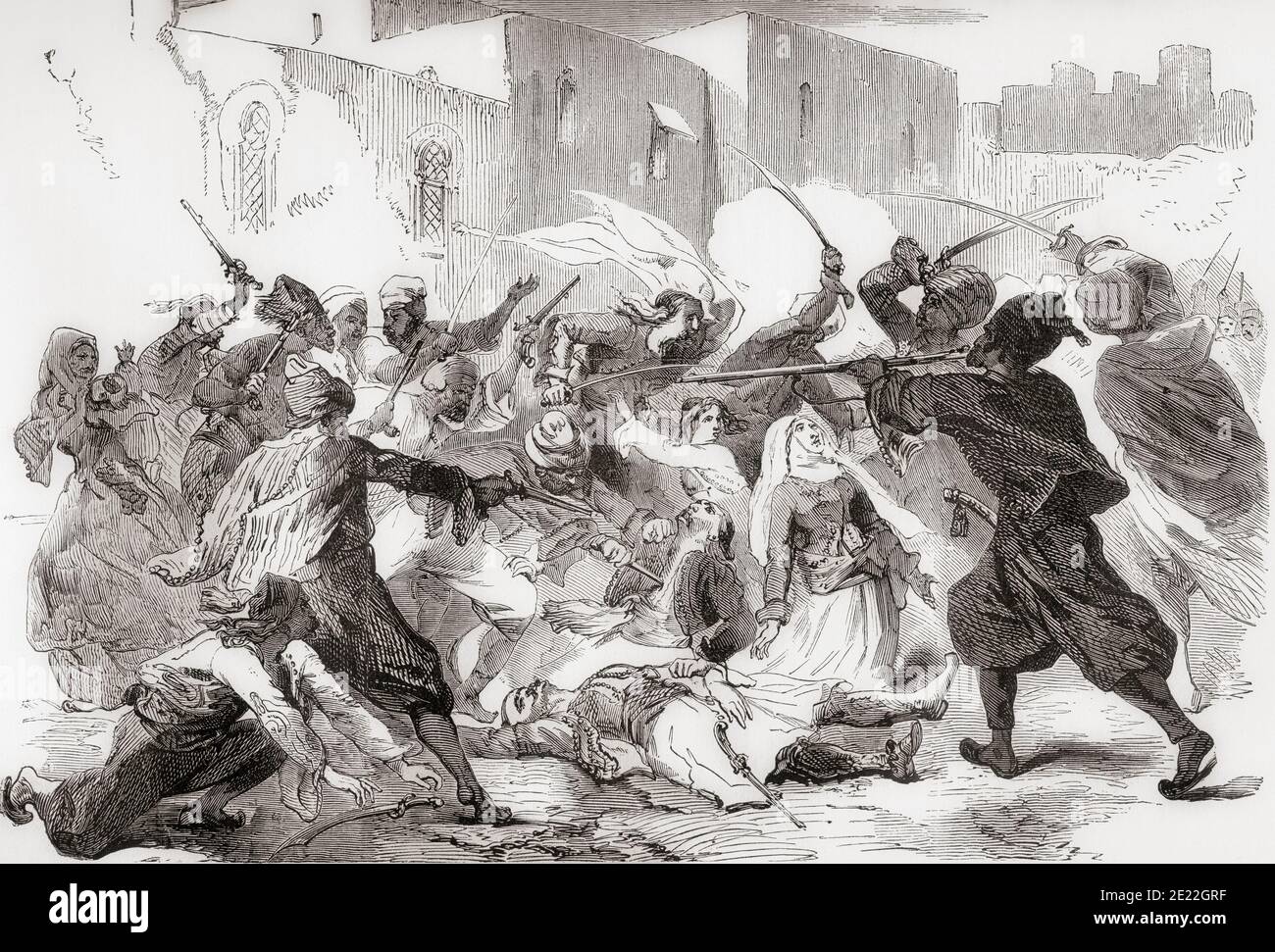 The massacre of Muslims by Christian soldiers during the Russo-Turkish War (1877–1878).  From Russes et Turcs, La Guerre D'Orient, published 1878 Stock Photo