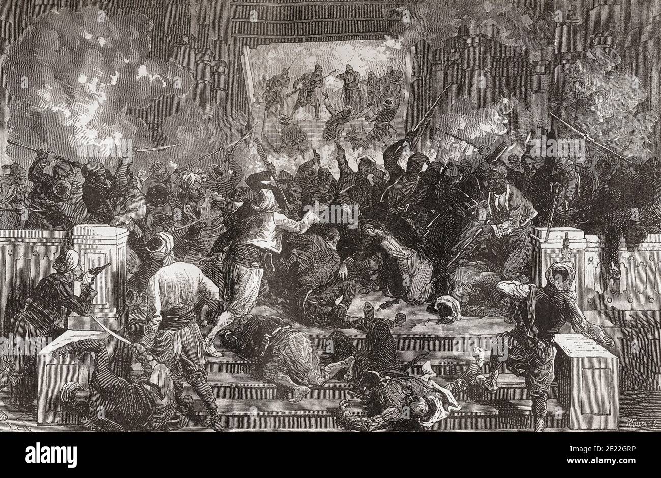 Massacre of the conspirators in the Tcheragan Palace during the Russo-Turkish War, 1878. The conspirators planned to carry off Murad and proclaim him Sultan. Notice of the plot having been given, three thousand soldiers arrived and surrounded the palace, this resulted in the death and wounding of three hundred on both sides. From Russes et Turcs, La Guerre D'Orient, published 1878 Stock Photo