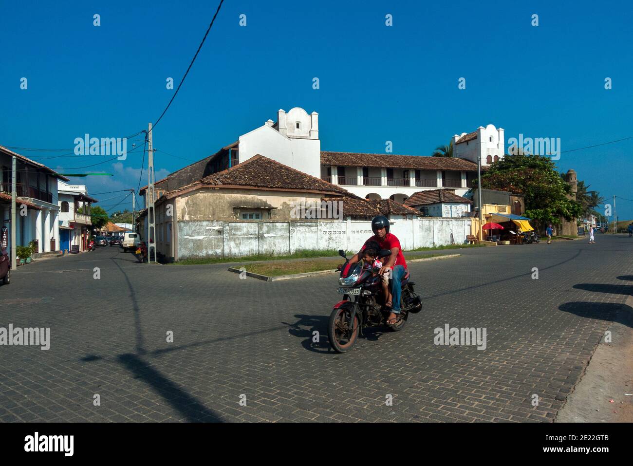 Galle, Sri lanka, Asia: father with son on motorbike Stock Photo
