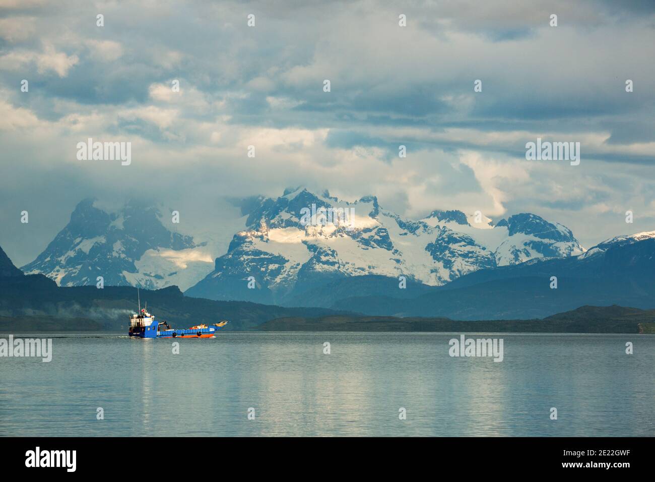 Fishing boat  from Puerto Mont, the Last Hope Sound / Golfo Almirante Montt at Puerto Natales, Patagonia, Chile, with the Torres Del Paine and Andes. Stock Photo